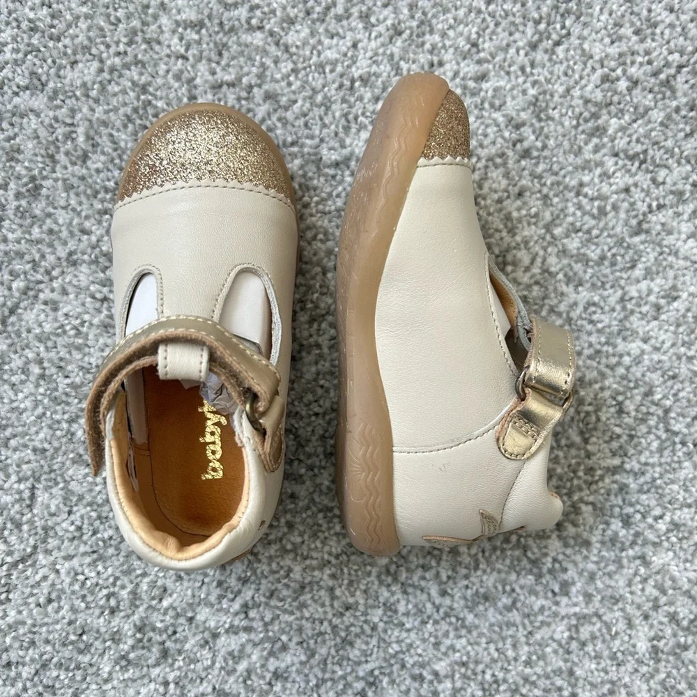Girls Cream Mary Jane Shoes with Gold Glitter Toe